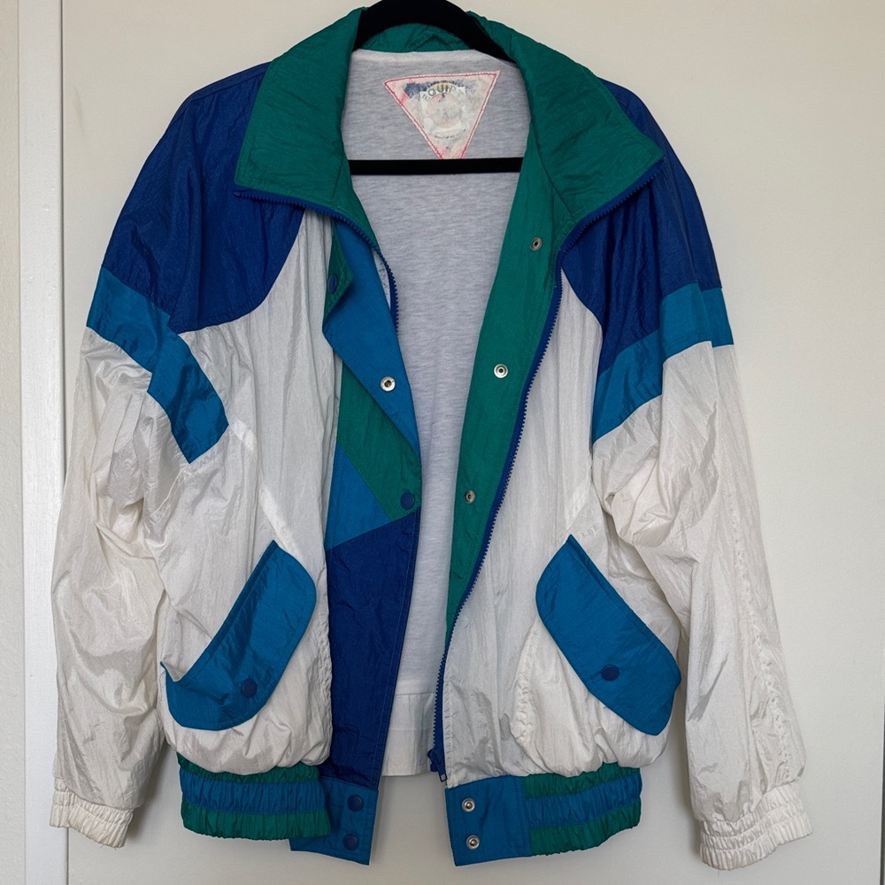 Equipt Active Vintage Colorblock Windbreaker Jacket in Teal, Blue & White
